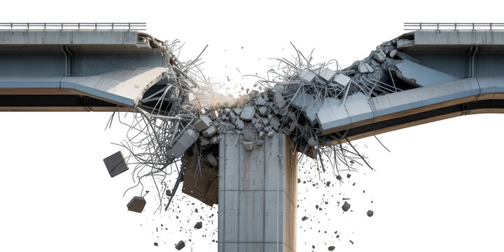 Collapsed bridge with concrete debris destruction isolated on a transparent background
