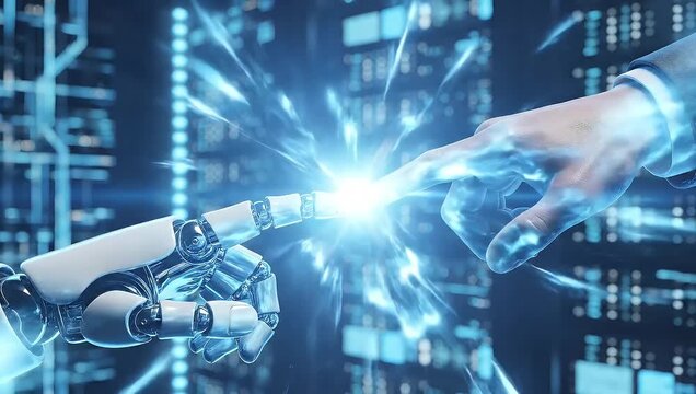 Robotic android hand and businessman fingers touching points of light within glowing server room environment