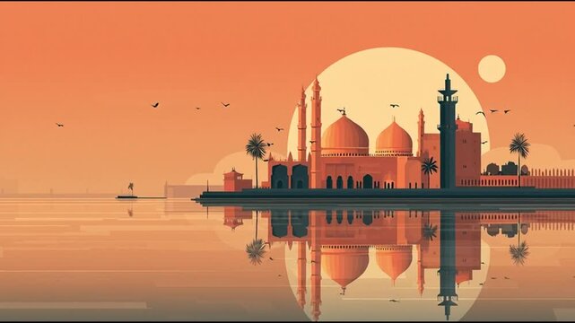 Serene flat vector illustration of an ancient city skyline with a majestic mosque reflected in tranquil waters at sunset