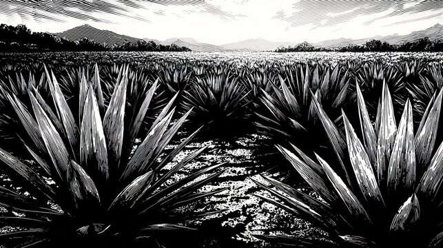 A grayscale landscape of agave plants (2)
