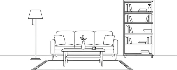 A black and white sketch of a living room with sofa coffee table floor lamp and bookshelf isolated on transparent background © SampaRani