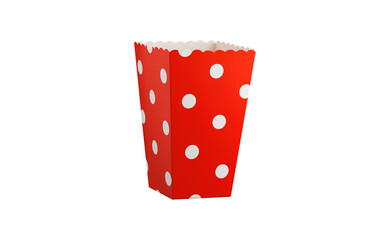 Empty red popcorn box with white circles on a white background. Empty paper container for movie snacks, ideal for product packaging design and branding presentations.