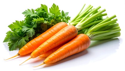 Fresh carrots with vibrant green tops and parsley on white.