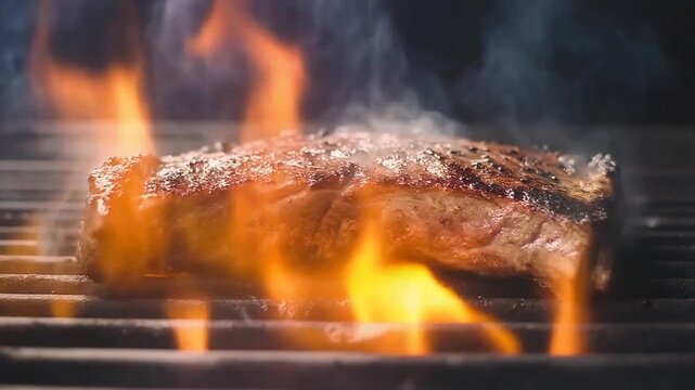 Grilled steak on fire with flames rising from grill
