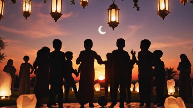 Happy Children Silhouettes Playing Before Iftar_Joyful silhouettes of children playing together before iftar time during Ramadan. Warm sunset colors create a happy and family-friendly atmosphere suita