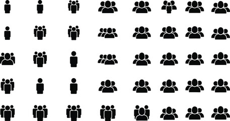 Obraz premium Various black silhouette icons representing user groups, teams, and population sizes are displayed in a grid format.