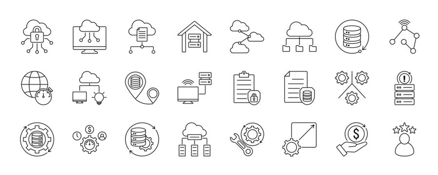 Hybrid computing icon set flat style collection. Edge Computing, Data Governance, Automation Tool, Cost Efficiency, Network Latency, Scalable Architecture and more.