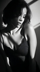 Naklejka premium Black and White Portrait of a Woman with Soft Lighting and Shadows