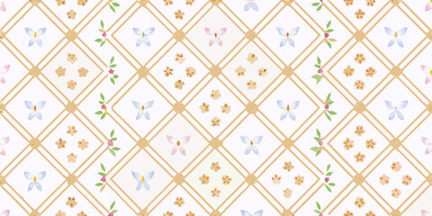 Delicate floral and butterfly pattern on a diamond lattice background © Tusar