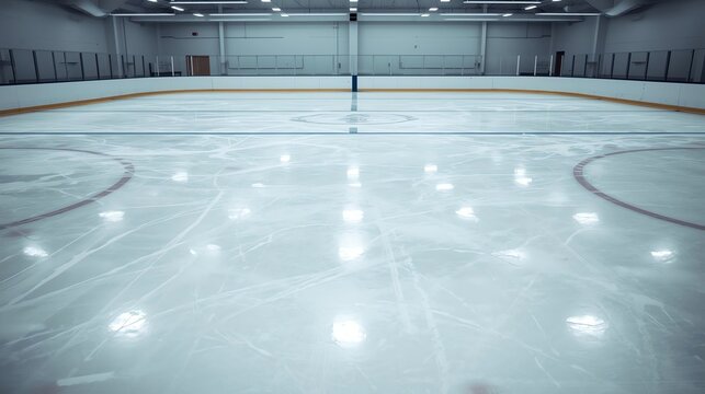 Empty Ice Hockey Rink with Bright Lights and Freshly Zamboni-Cleaned Surface