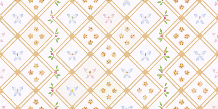 Delicate floral and butterfly pattern on a diamond lattice background