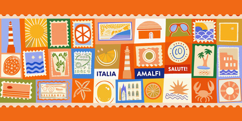 A colorful collection of illustrated postage stamps with summer and travel themes © Tusar