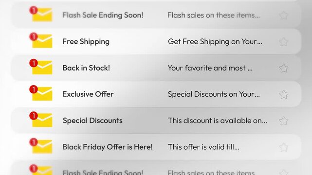Email alerts for free shipping back in stock exclusive offers special discounts Black Friday and flash sales, 4k animation