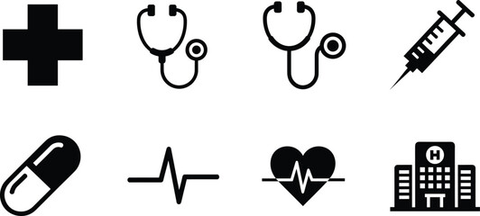 Fototapeta premium Black and white medical including cross stethoscope syringe medical black and white, cross, stethoscope, syringe, pill, heartbeat, hospital building, heart, medical symbols, healthcare, medicine, styl