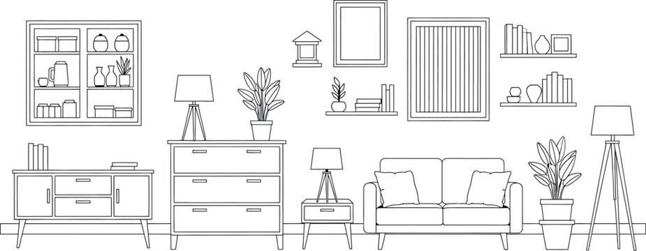 A black and white sketch of a living room with furniture isolated on transparent background