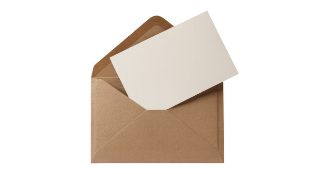 Brown envelope with blank white card emerging, symbolizing communication