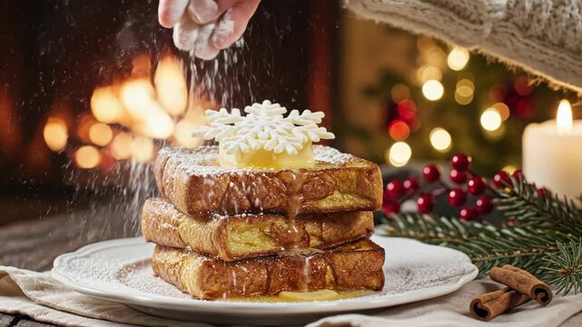 Sweet French toast stack dusted with powdered sugar and a snowflake on top