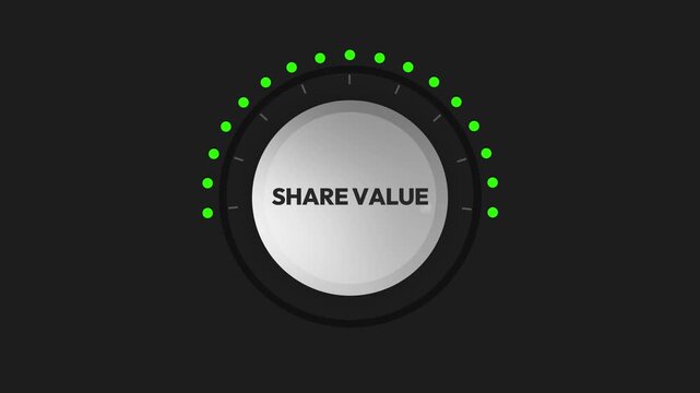 Glowing green lights surround knob with share value text symbolizing investment growth and financial success on dark background