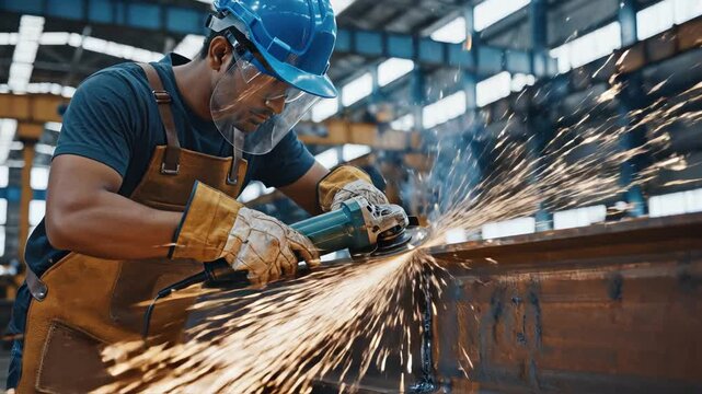 Worker grinding metal with sparks