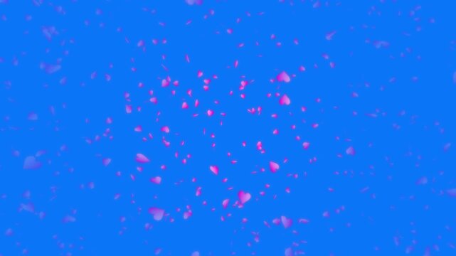 Pink heart shapes being lit up and falling down on blue background. Abstract background for Happy Valentine's day and wedding ceremony.