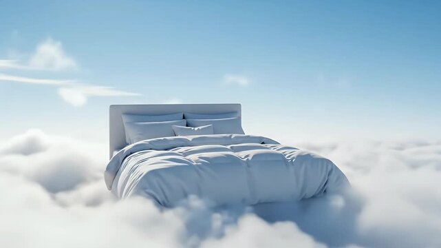 An ethereal and dreamlike scene unfolds as a pristine white bed, complete with soft pillows and a cozy duvet, floats serenely above a fluffy sea of white clouds under a vast, clear blue sky. This beau