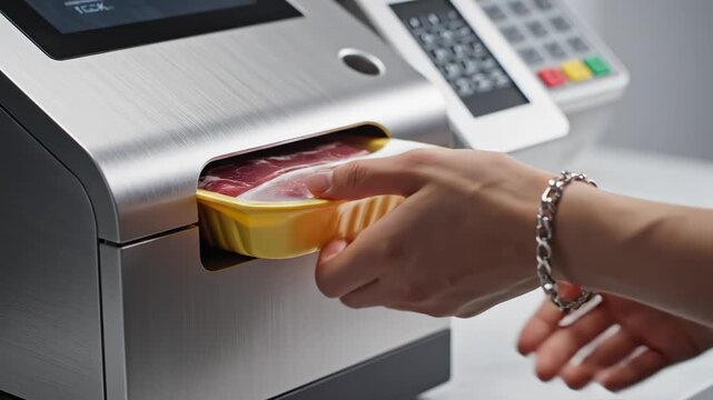 Person holding packaged meat at checkout