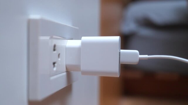 Close up of woman a hand connecting a white power adapter to a wall socket. Concept of charging devices and electricity consumption.