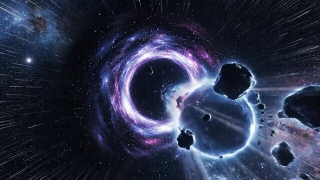 Epic Black Hole Cinematic Animation in Deep Space with Asteroid Churn and Galaxy Background