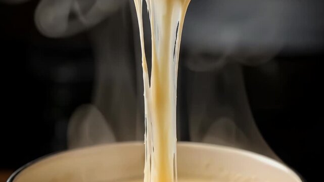 An extreme close-up shot captures a deliciously rich, melted, and creamy substance stretching into long, gooey strings as it's lifted from a warm dish. Gentle steam rises, adding to the inviting and c