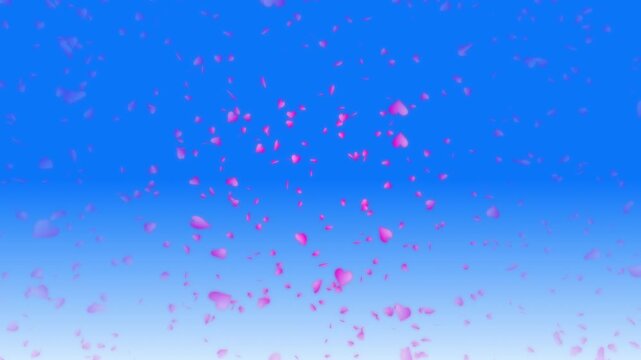 Pink heart shapes being lit up and falling down on blue gradient background. Abstract background for Happy Valentine's day and wedding ceremony.