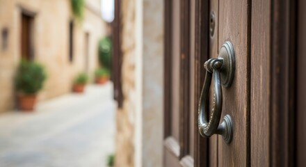 Obraz premium Close-up of old wooden door handle.