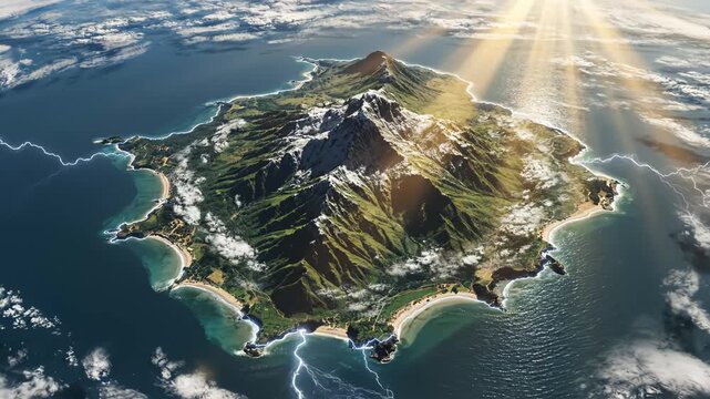 Island from space with lightning
