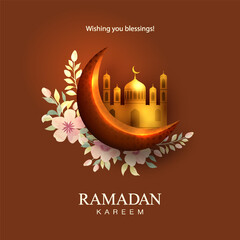 Eid Mubarak banner with moon, mosque and watercolor flowers. Modern Islamic greeting card template