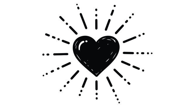 Simple hand drawn black heart icon glowing brightly with radiating dashed lines symbolizing strong emotion health or love in a minimalist design