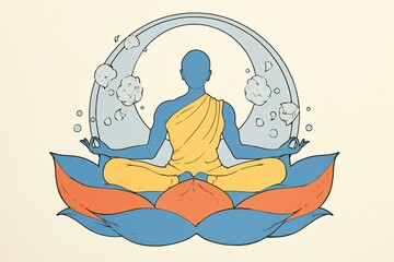 Silhouette of a meditating monk on lotus flower and crescent moon. Spiritual yoga practice for relaxation and inner peace. Buddhist meditation.