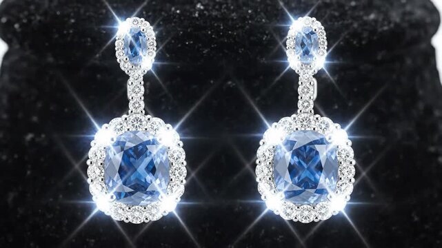 Elegant diamond and blue gemstone drop earrings sparkling against a dark textured background.