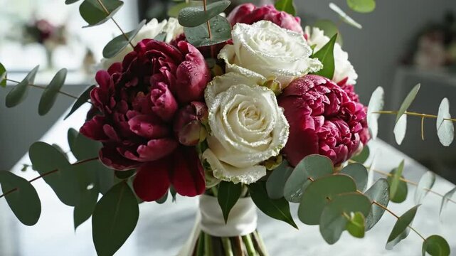 Close up bridal bouquet with burgundy peonies, white roses, and eucalyptus leaves for wedding ceremony details