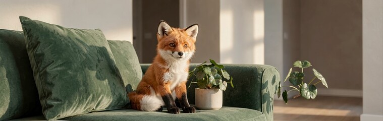 Obraz premium Adorable fox on green couch with sunlit plant in modern living room