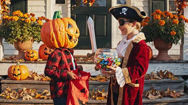 Child dressed as pirate holding candy and sword