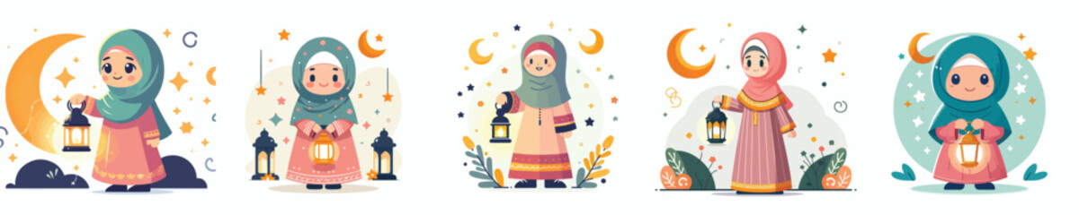 vector little muslim girl standing holding ramadan lantern