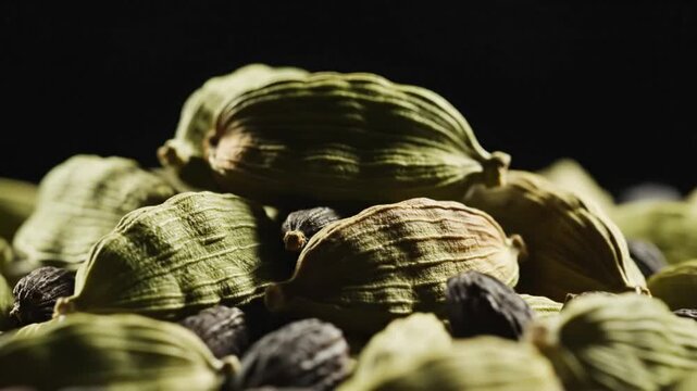 Close-up shot of green cardamom pods with black seeds on a dark background showing texture and detail