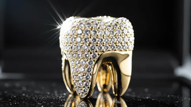 Luxury gold tooth jewelry encrusted with clear diamonds on a dark reflective surface