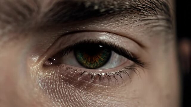 Extreme close-up of a human eye with a multi-colored iris blinking and looking directly at the camera