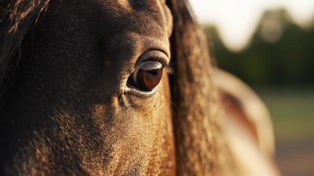 Close up view of a horse eye in natural sunlight, showing detailed features and brown iris
