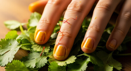 Golden Touch: Hand with Saffron Threads and Fresh Cilantro for Culinary Preparation