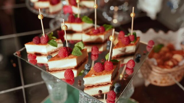 Fruits, cakes, and sweets on a festive banquet table before a business event or other celebration. Sweet drinks for guests.