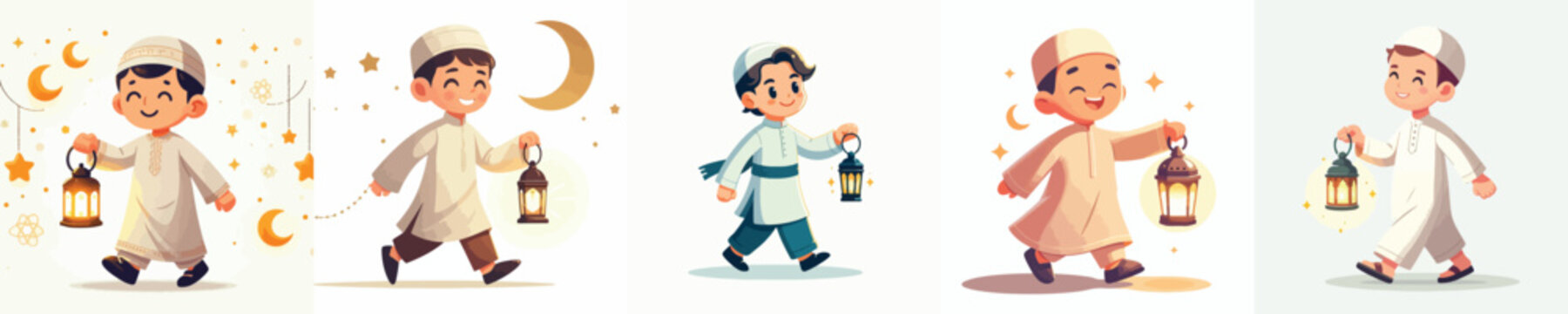 vector little muslim boy walking holding ramadan lantern
