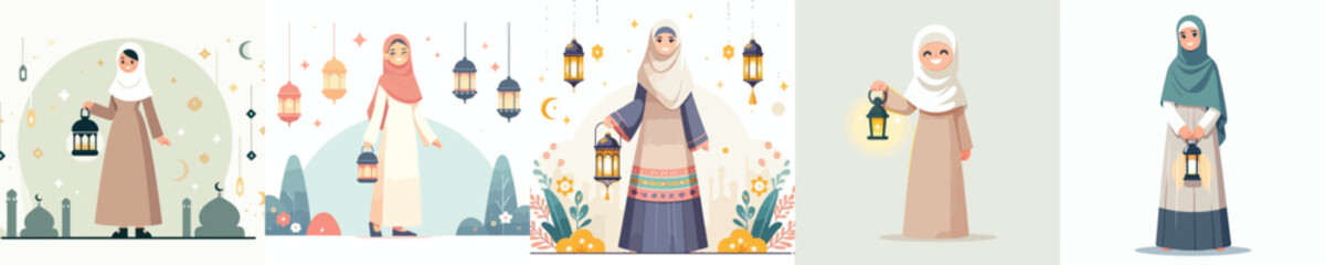 vector muslim woman standing holding ramadan lantern