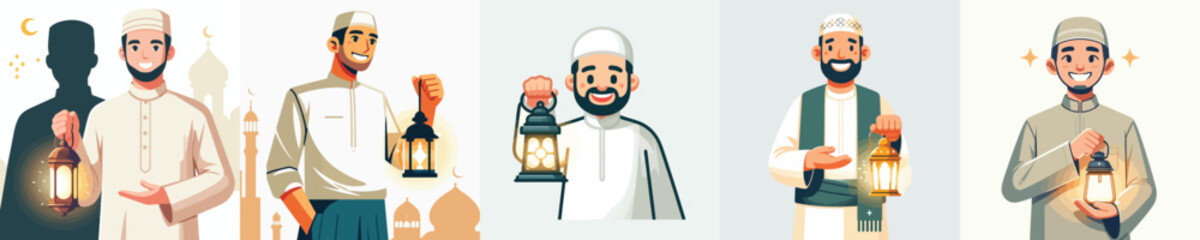 vector half body of muslim man standing holding ramadan lantern