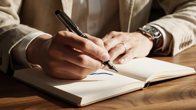 Person writing in a notebook with a fountain pen